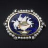 Antique 14k Pietra Dura Lapis Mosaic Pliny's Doves Diamond Pearl Brooch, view 1