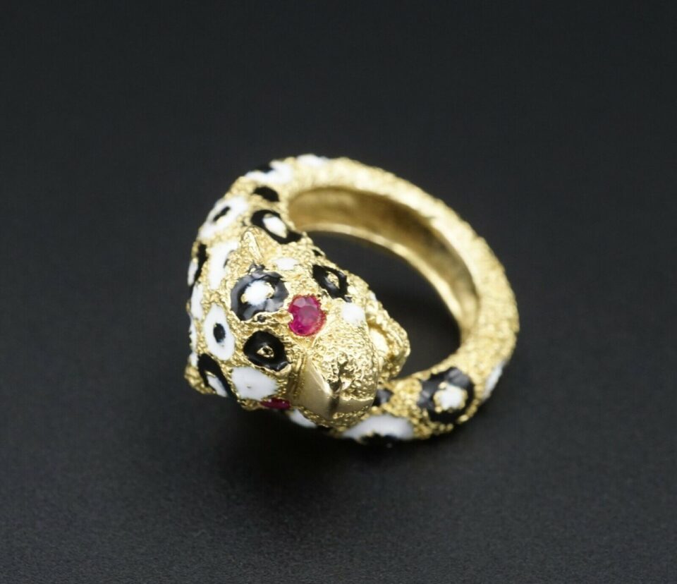 Gioconda Enamel Leopard Ring Cat Bypass 18k Yellow Gold Size 5, view 2