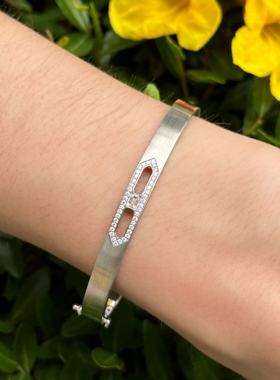 Penny Preville Openwork Diamond Hinged Bangle Bracelet 18k White Gold 6.5" shown worn
