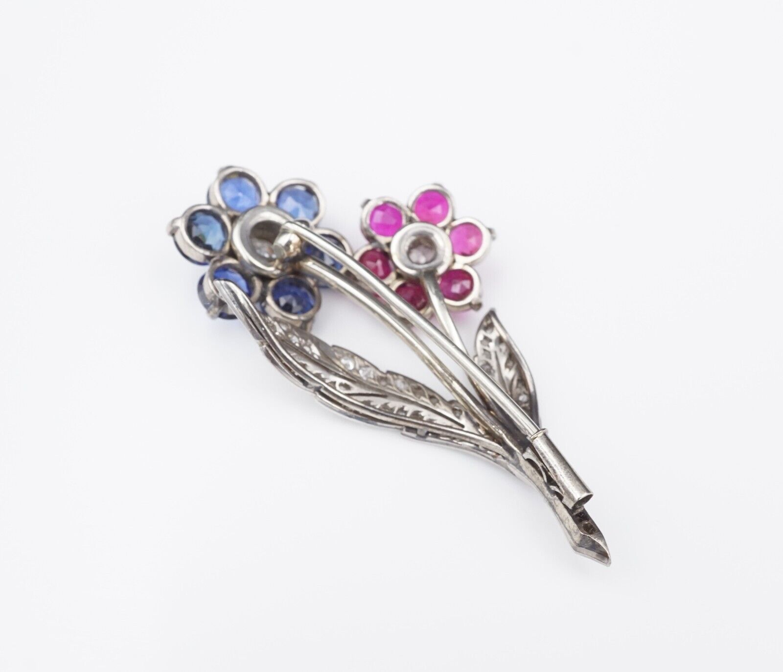 Antique Platinum Gold 5ct Sapphire Ruby Diamond Floral Pin Brooch 1.9", view 5