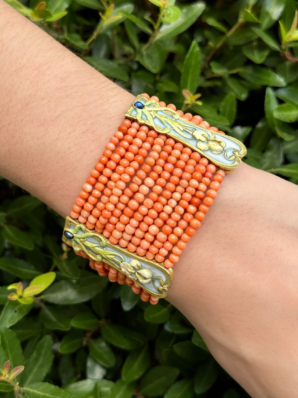 Art Nouveau Plique a Jour Sapphire Station Bracelet Coral 18k Enamel Rare, view 3