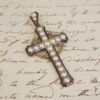 1870's Henry Tessier 18k Natural Pearl Diamond Enamel Cross Pendant w Box, view 1