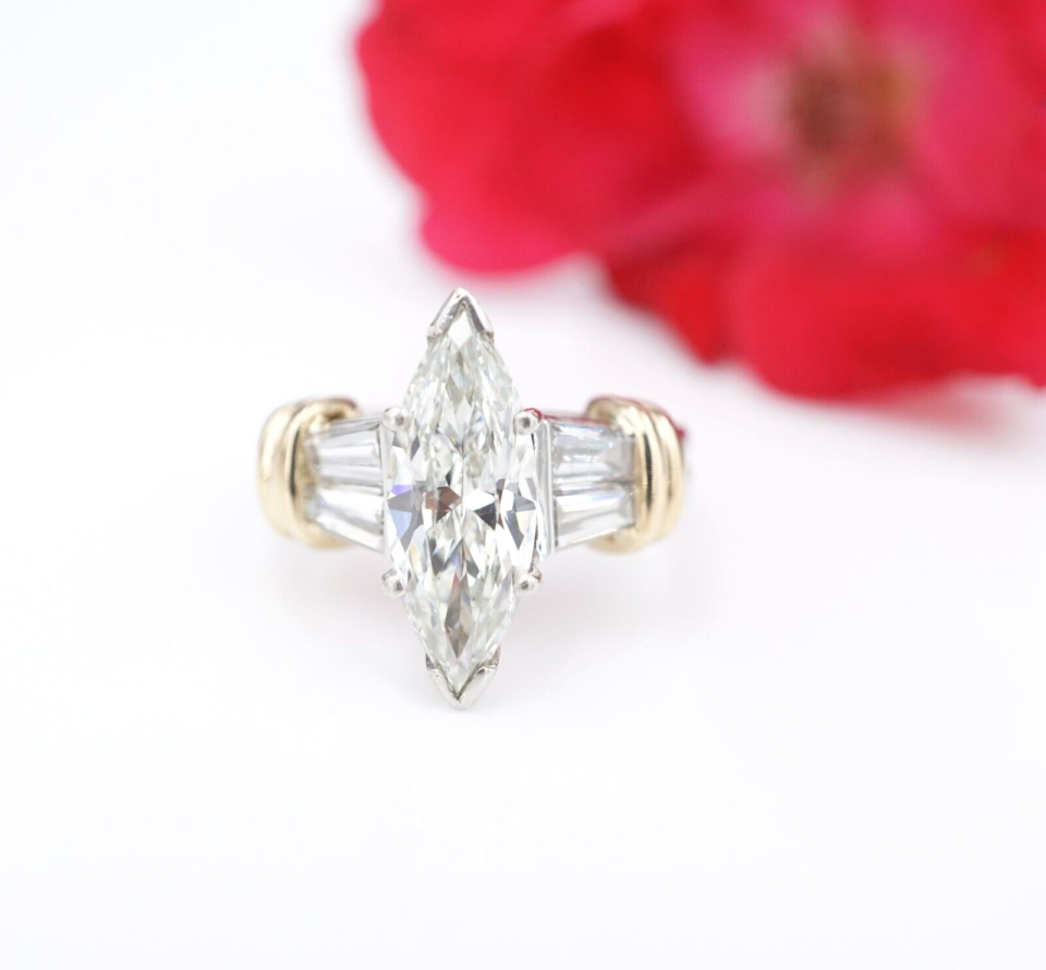Platinum Gold Marquise Baguette 3.5ct Diamond Engagement Ring Sz 7.25 GIA, view 2