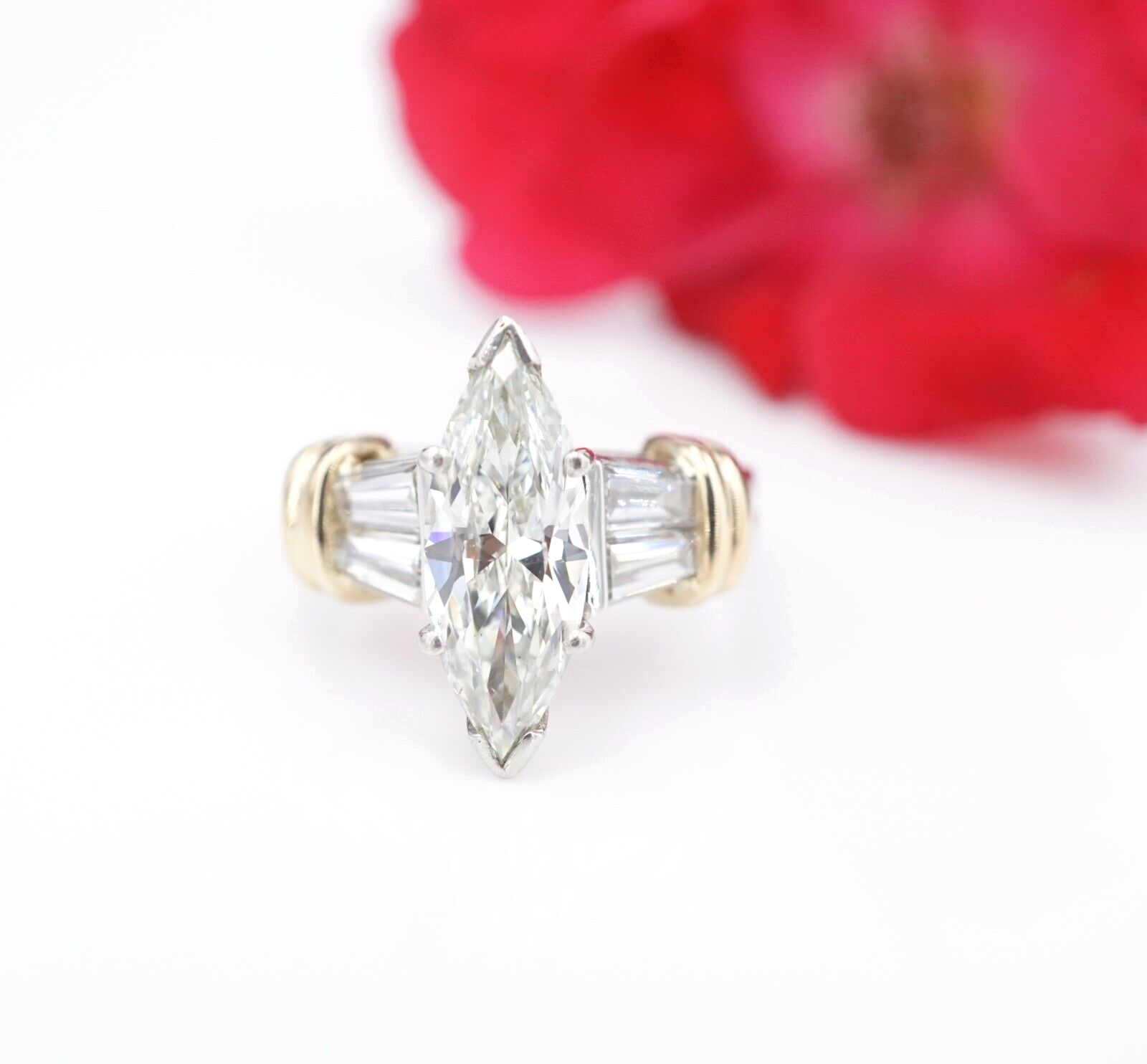 Platinum Gold Marquise Baguette 3.5ct Diamond Engagement Ring Sz 7.25 GIA, view 2