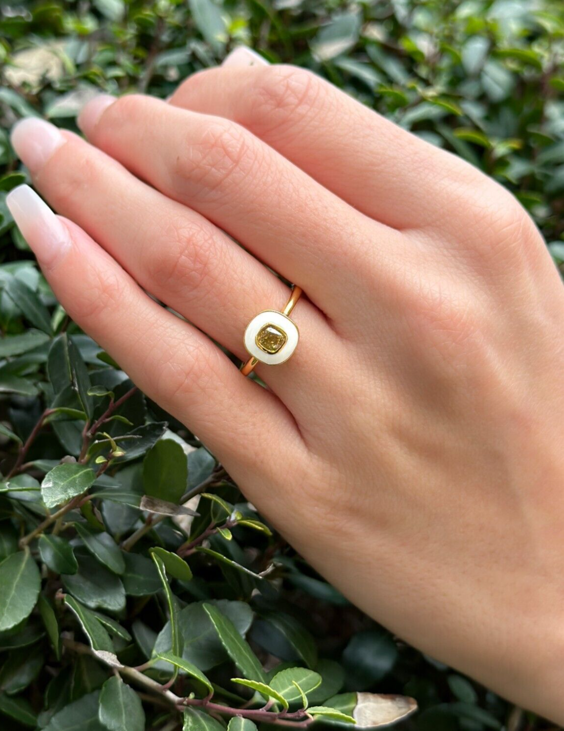 14k Gold Orange Diamond with White Enamel Halo Ring Sz 6.5 Circle Modern, view 6