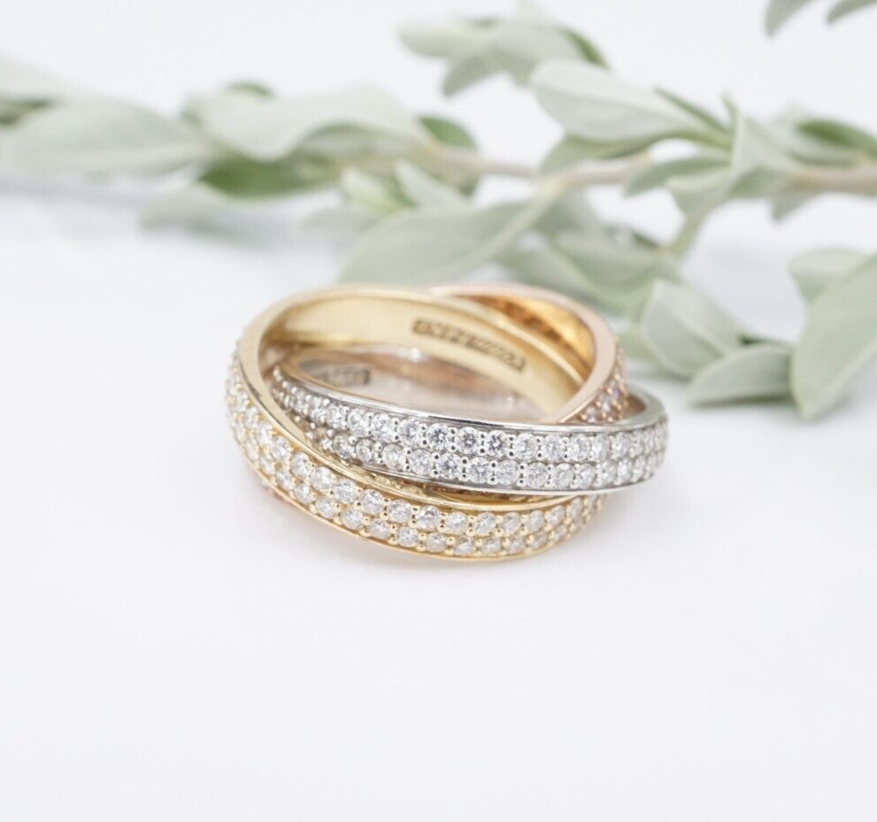 Tricolor Pave Diamond Eternity 3 Band Rolling Ring Gold Sz 8 4mm 3ct, view 5