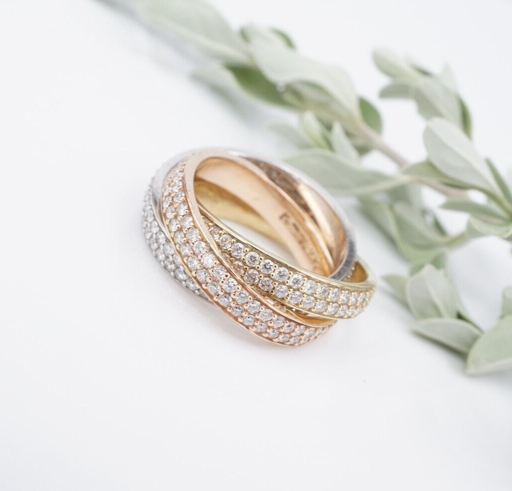 Tricolor Pave Diamond Eternity 3 Band Rolling Ring Gold Sz 8 4mm 3ct, view 4