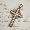 1870's Henry Tessier 18k Natural Pearl Diamond Enamel Cross Pendant w Box, view 3