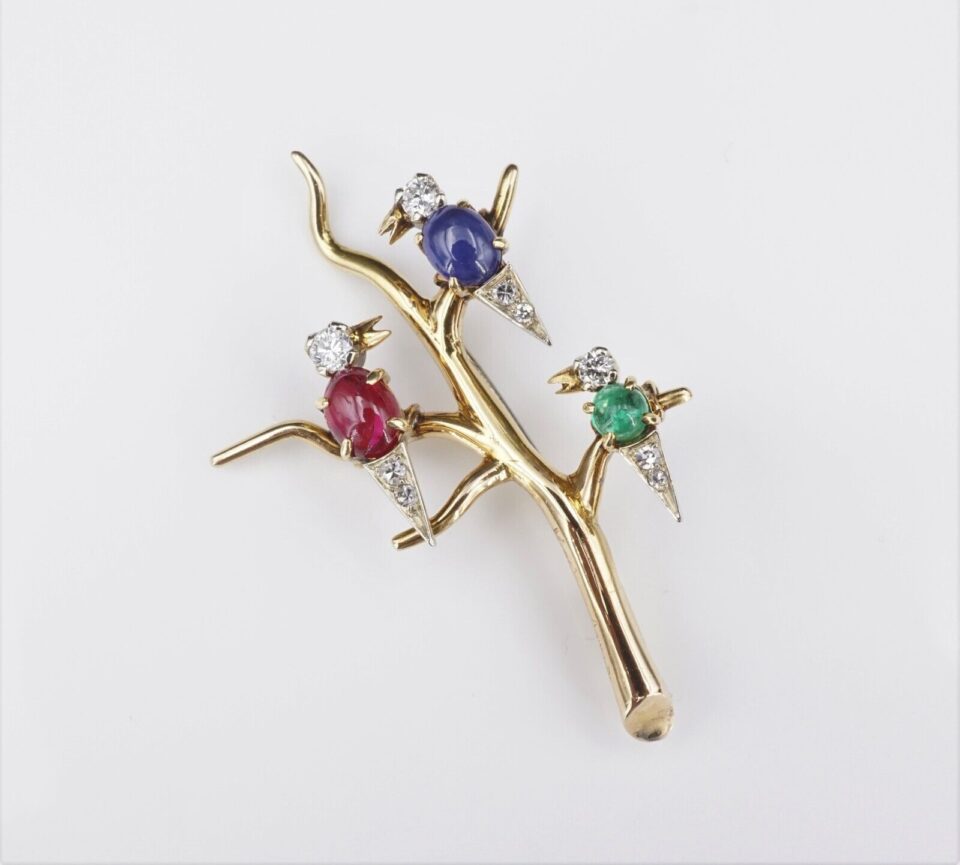 Van Cleef & Arpels VCA 18k Gold Ruby Sapphire Emerald Bird Brooch Pin 2", view 2
