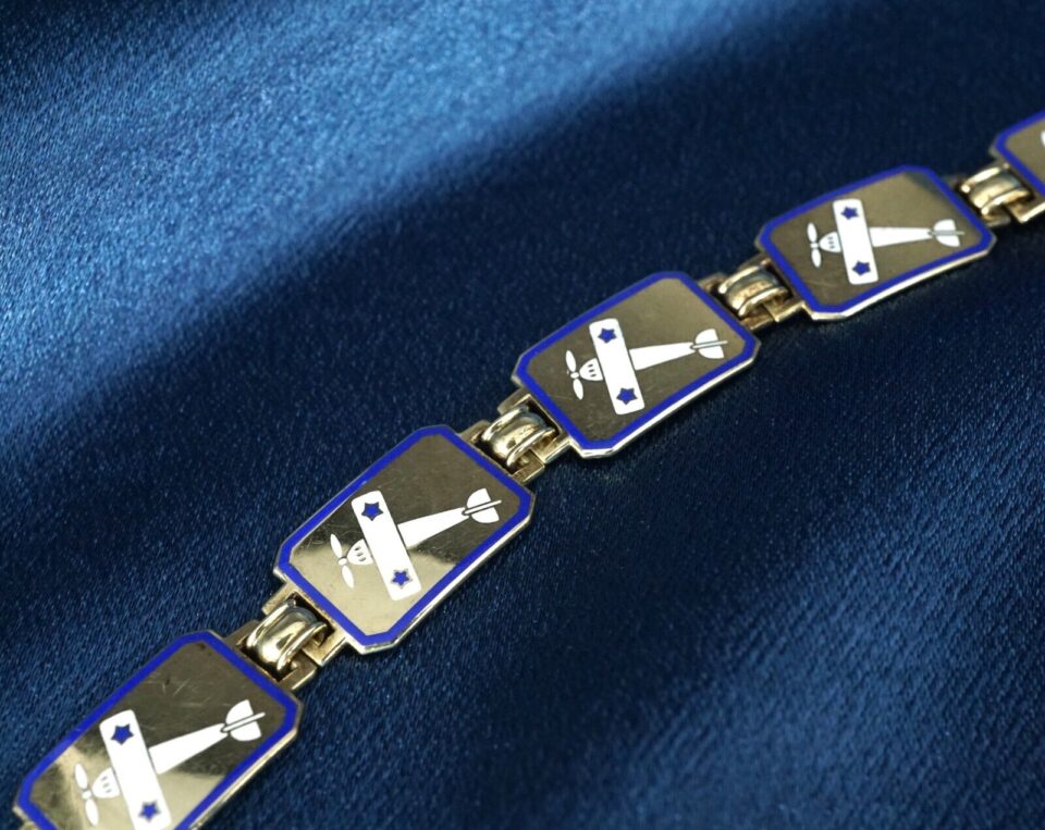 Circa 1915 14k Airplane Enamel Bracelet Yellow Gold 7" WWI w/ Plane Charm BG882