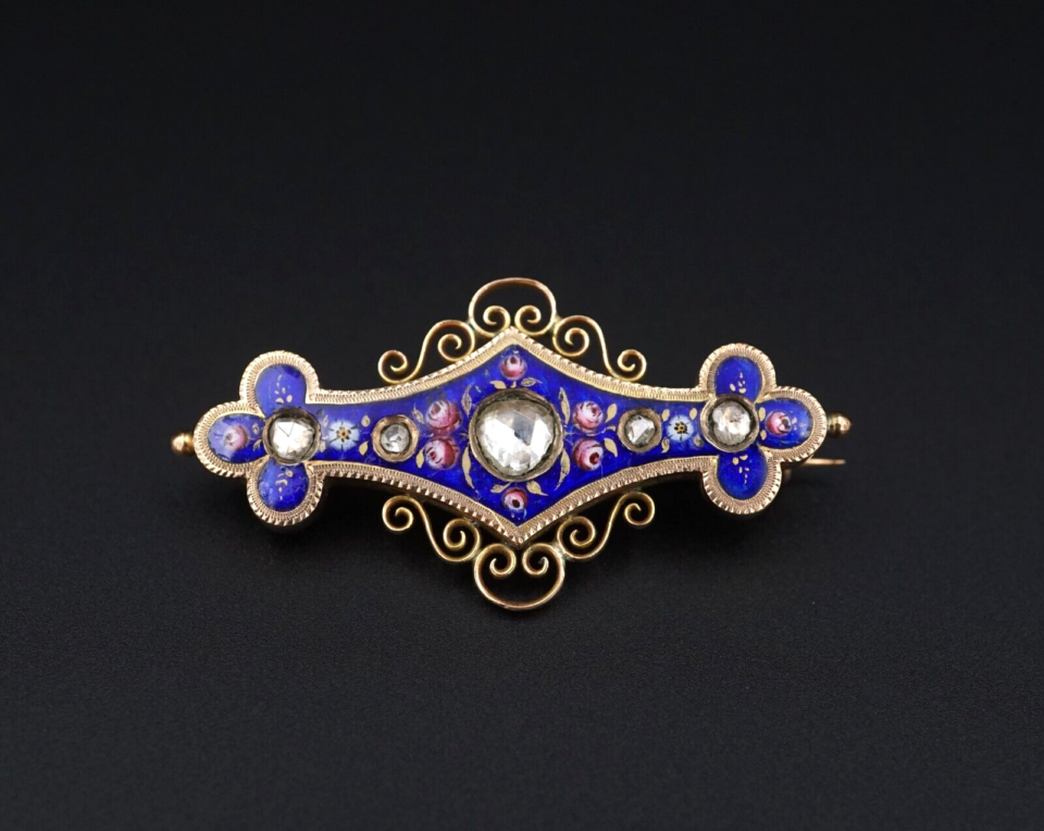 Antique 18k Yellow Gold Rose Cut Diamond Blue Enamel Pin Brooch 1.8", view 3
