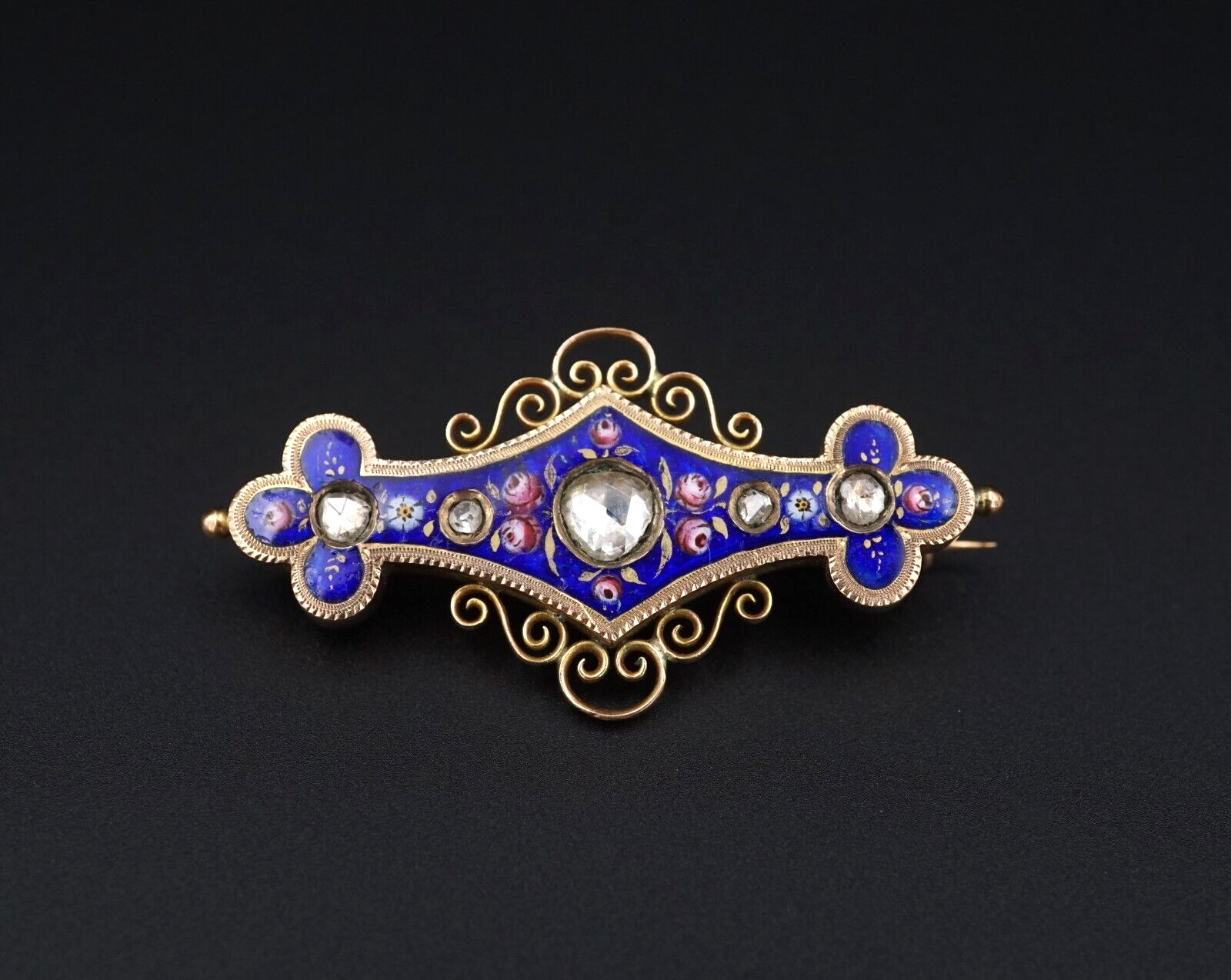 Antique 18k Yellow Gold Rose Cut Diamond Blue Enamel Pin Brooch 1.8", view 3