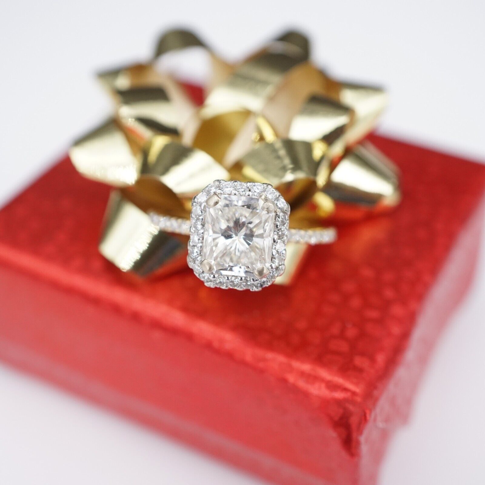 Diamond Halo Moissanite Engagement Ring 14K White Gold 3 carat Size 6.25, view 1