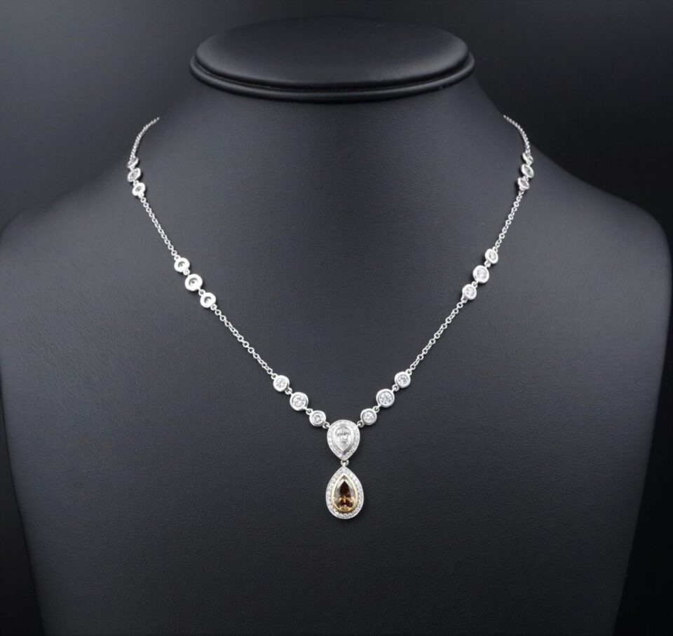 NWOT 18k Gold 3.4ct Pear Cut Chocolate Diamond Halo Pendant Necklace 16", view 2