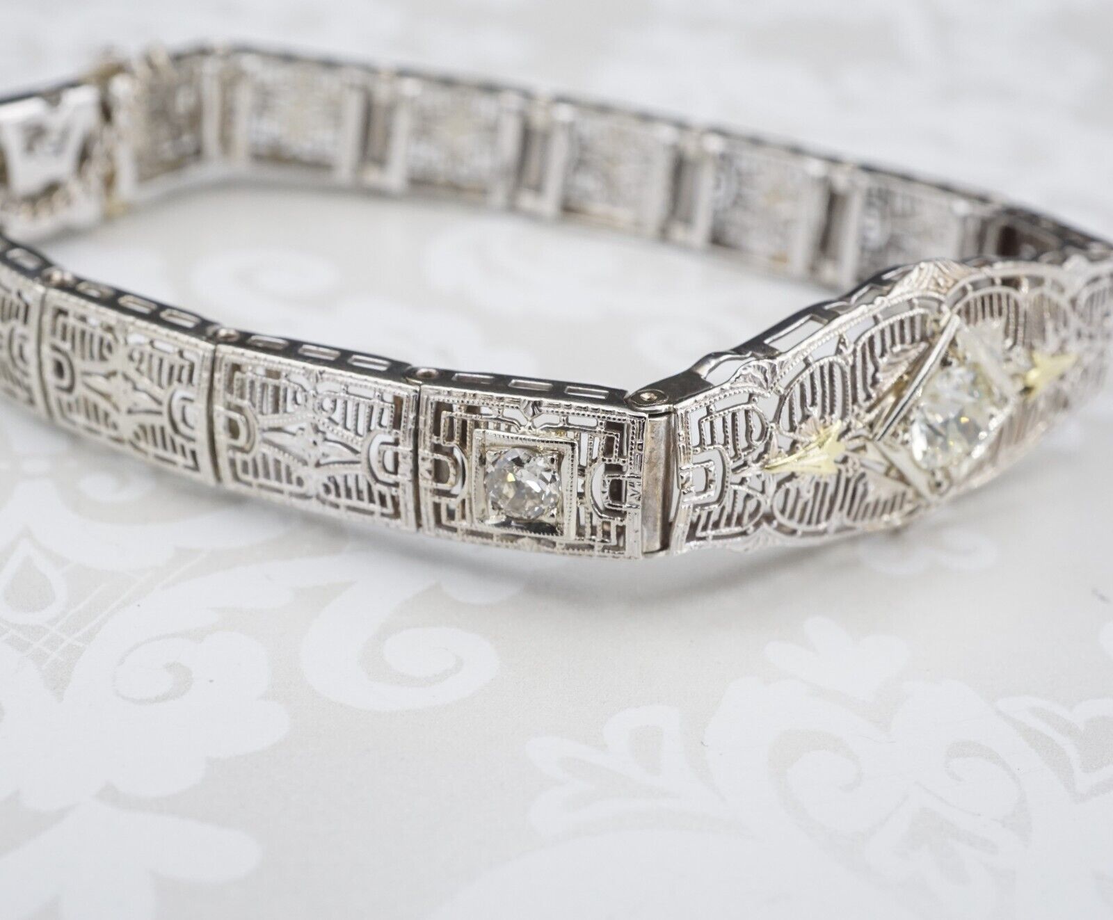 Classic Antique Art Deco 14k Gold 1ct Three Diamond Filigree Bracelet 6.5", view 6