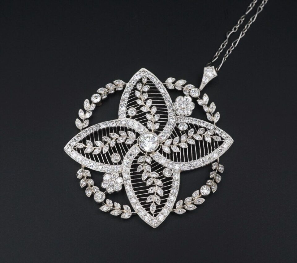 Antique Belle Epoque Platinum Diamond Floral Filigree Pendant Necklace, view 2