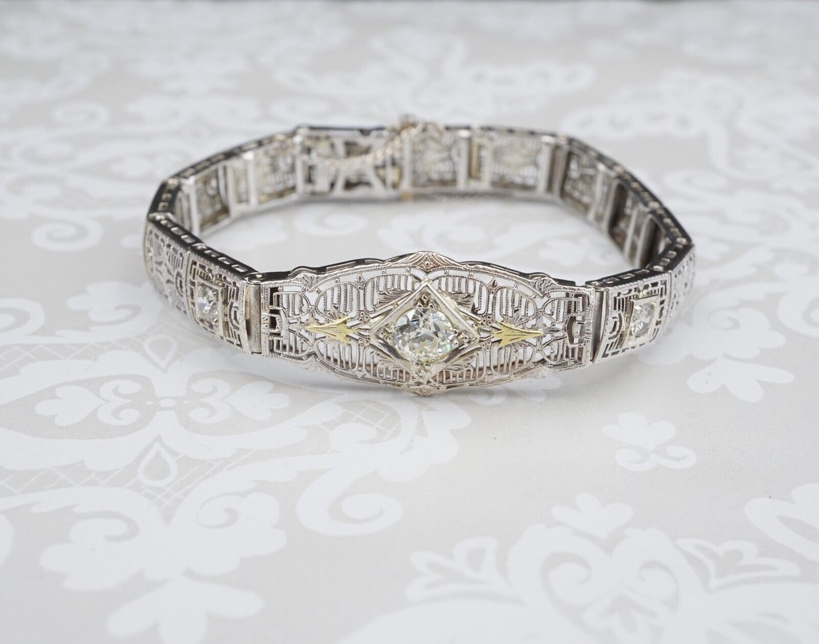 Classic Antique Art Deco 14k Gold 1ct Three Diamond Filigree Bracelet 6.5", view 4