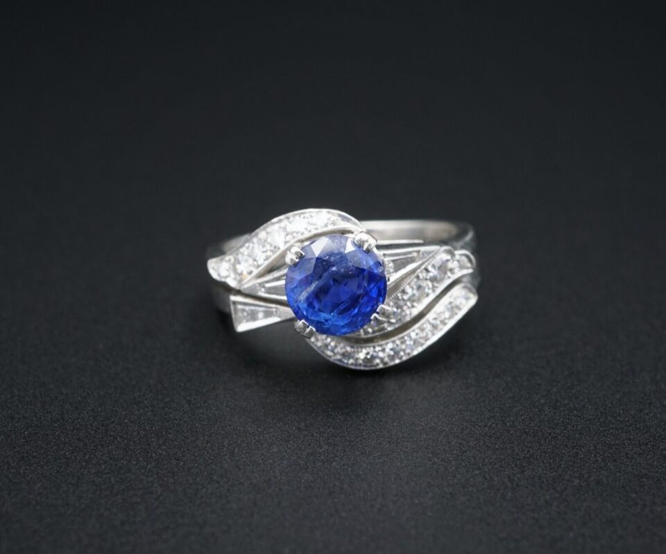 Vintage Platinum 2ct Natural Ceylon Sapphire Diamond Ring Set Size 8, view 3