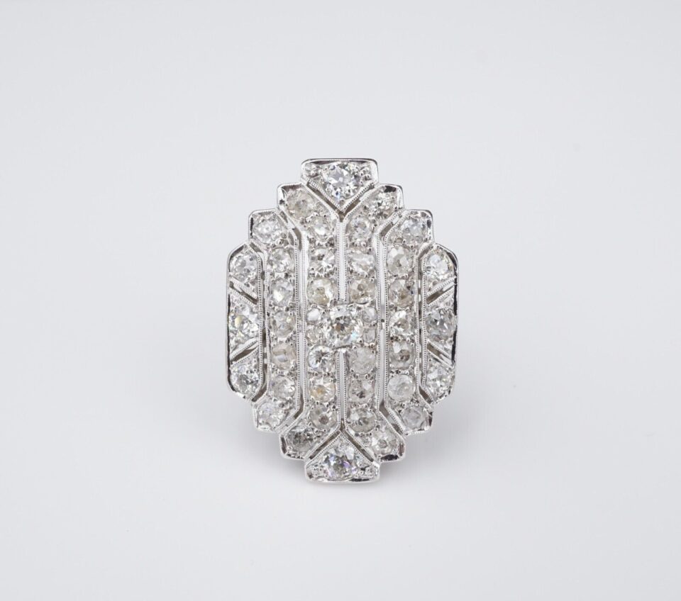 Vintage 18k White Gold Diamond Pave Cocktail Shield Ring Size 6.5, view 3