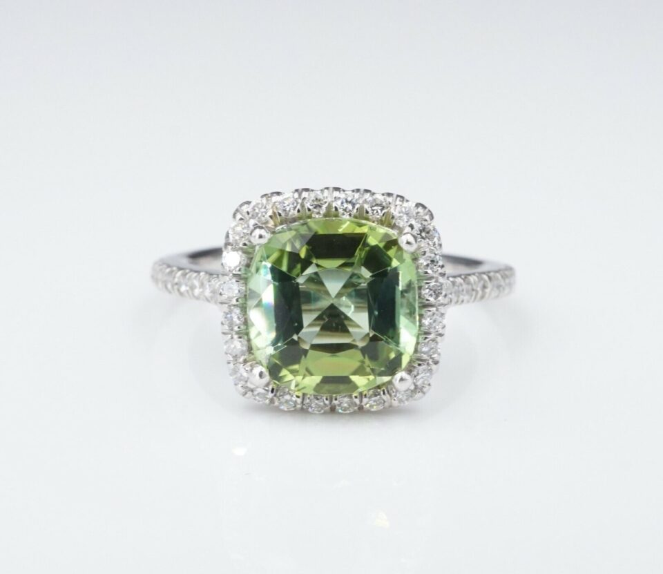 Natural Green Tourmaline Diamond Halo Ring Platinum 3 carat Size 5.75, view 3