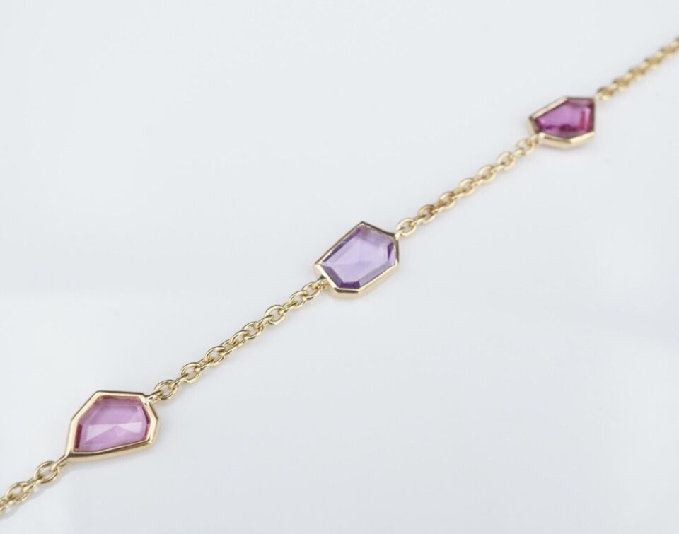 New 14k Yellow Gold Pink Purple 3 carat Sapphire 5 Station Bracelet 7" BG739