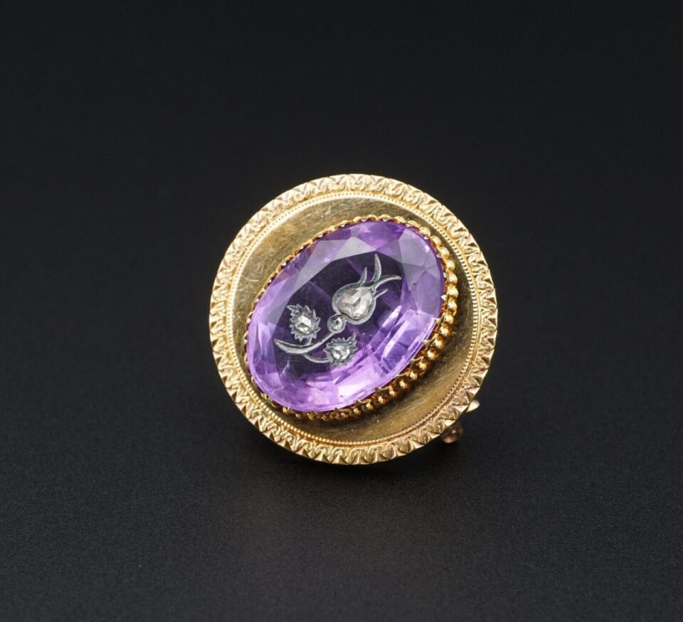 Antique 18k 14k Gold Diamond Amethyst Inlay Pendant Brooch 1", view 3