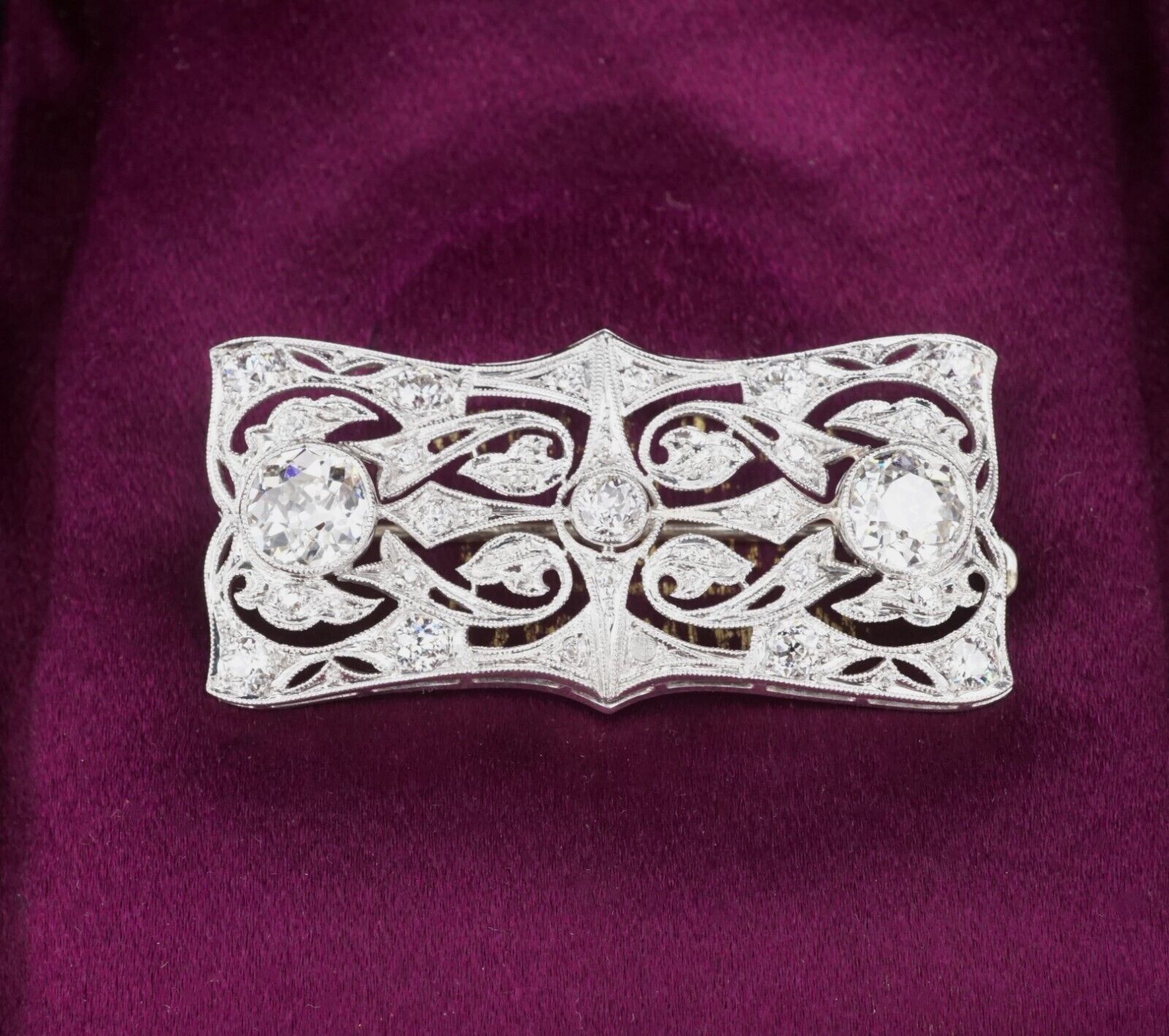 Belle Epoque Platinum 3ctw Diamond Ribbon Scroll Brooch Combes & Van Roden, view 1