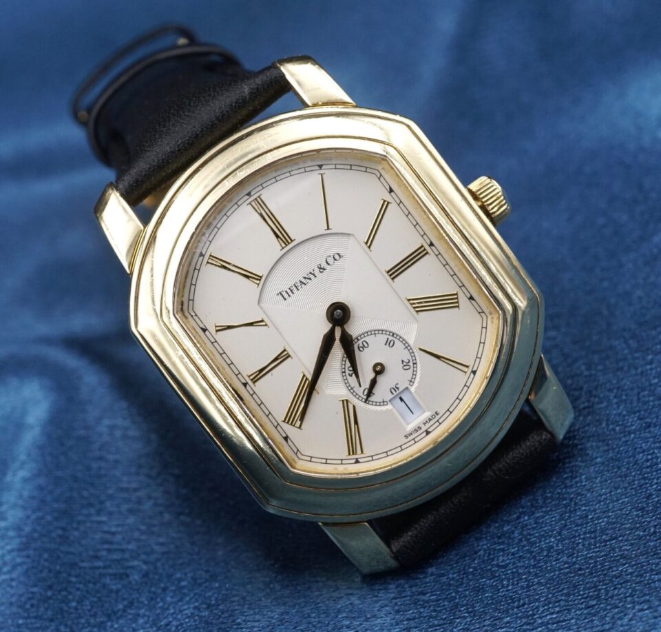 18k Gold Ladies Tiffany & Co. Gold Watch Roman Dial Leather Strap Mark Coupe 32mm W900