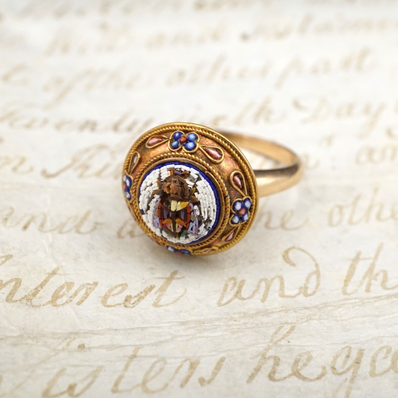 Antique Egyptian Revival Micro Mosaic Ring Scarab 14k 18k Gold Size 6.5, view 5