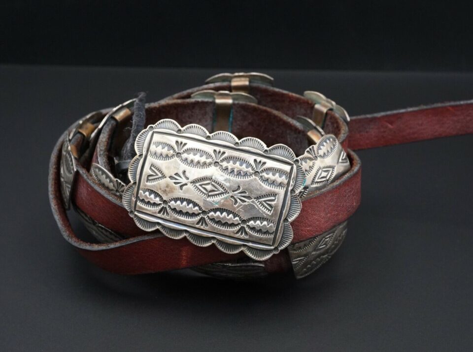 Navajo Andy Cadman Sterling Silver Leather Concho Belt 38" Stamped, view 2
