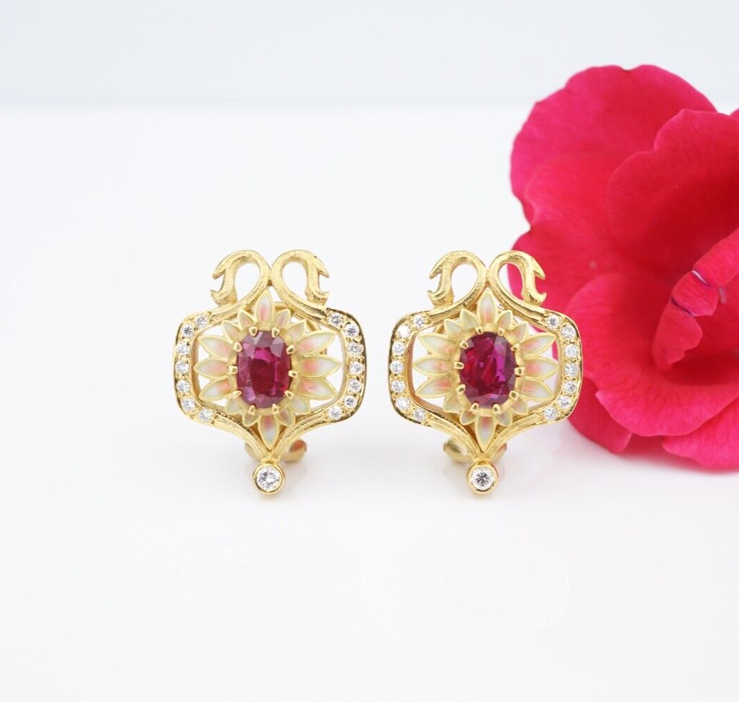 Masriera 18k Gold Earrings Natural Ruby Diamond Enamel Plique a Jour, view 1