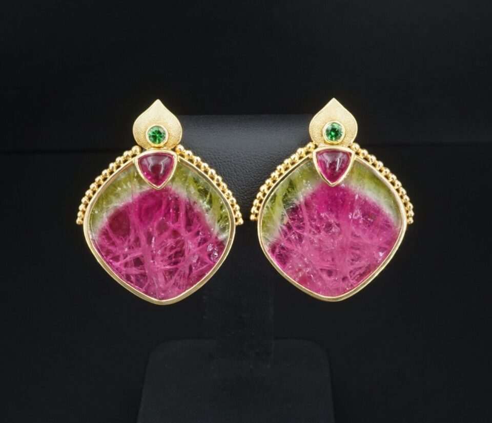 Watermelon Tourmaline Clip Earrings in 18k Yellow Gold