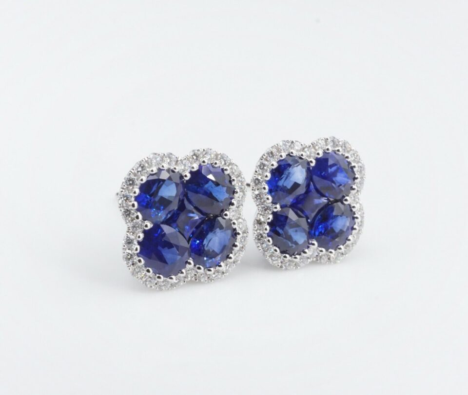 Natural Sapphire and Diamond Halo Quatrefoil Earrings, 3 ctw, 18k White Gold, New With Tags