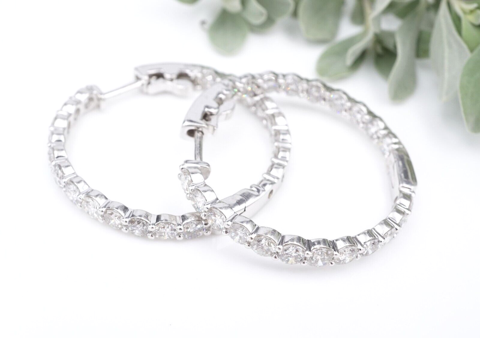 Diamond Inside Out Hoop Earrings 14k White Gold 6 carat Natural 1.3", view 3