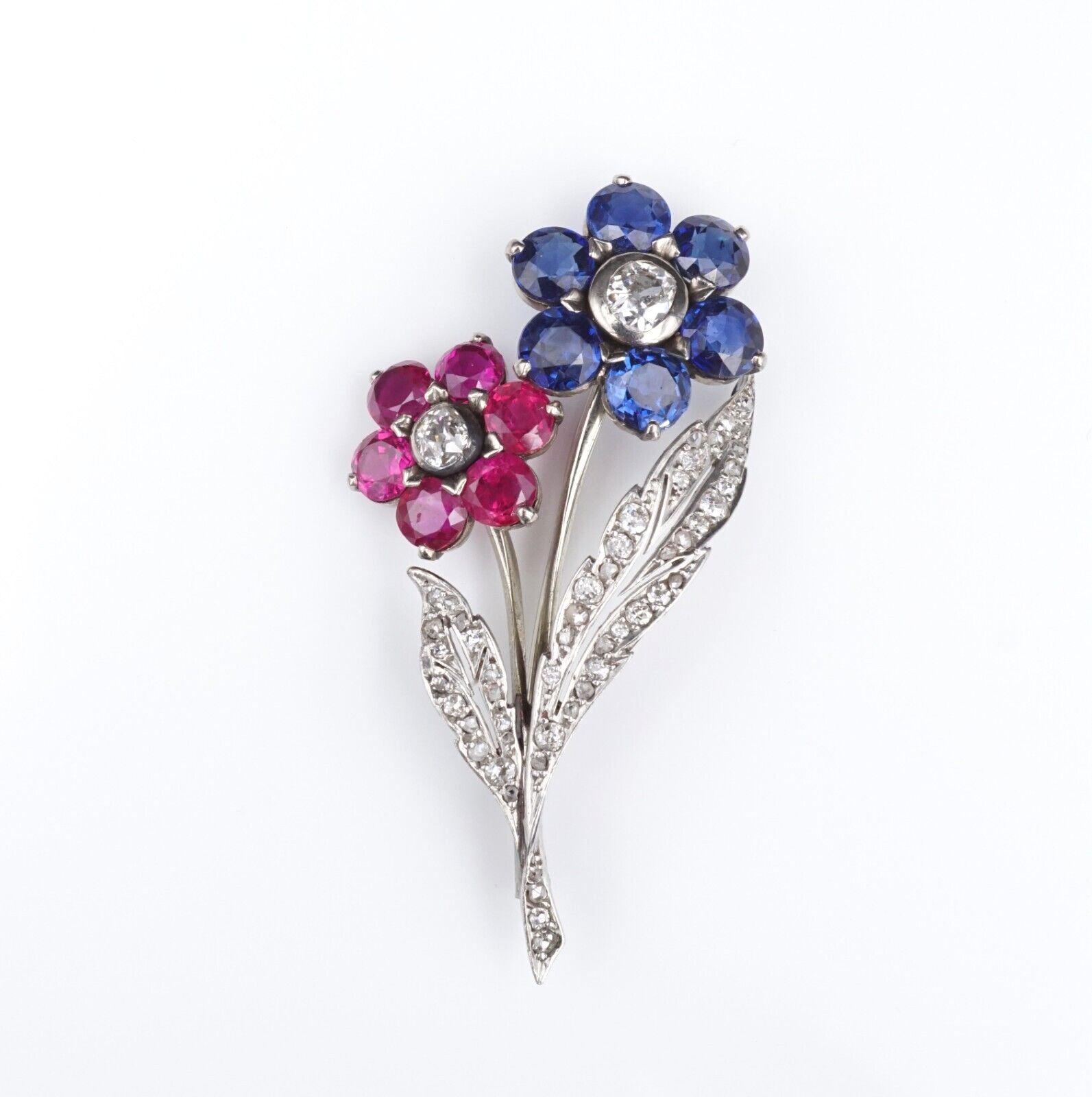 Antique Platinum Gold 5ct Sapphire Ruby Diamond Floral Pin Brooch 1.9", view 4