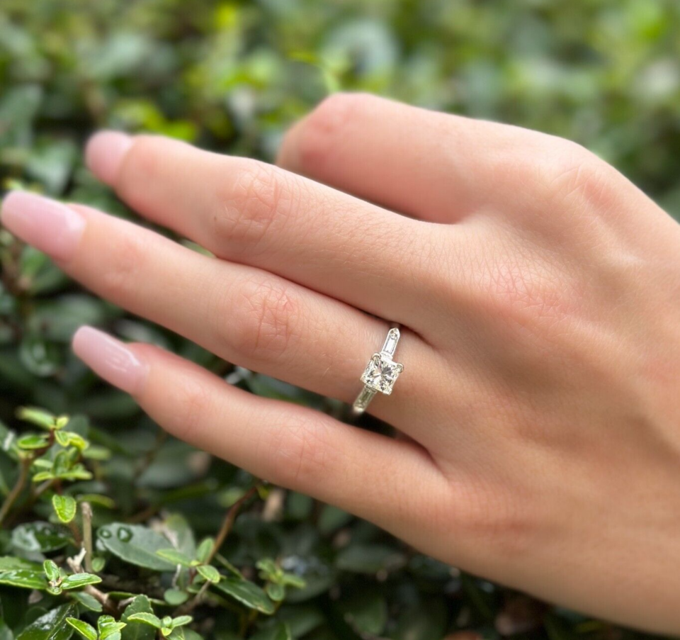 Vintage Platinum Natural Diamond Princess Engagement Ring Size 6.5 shown worn