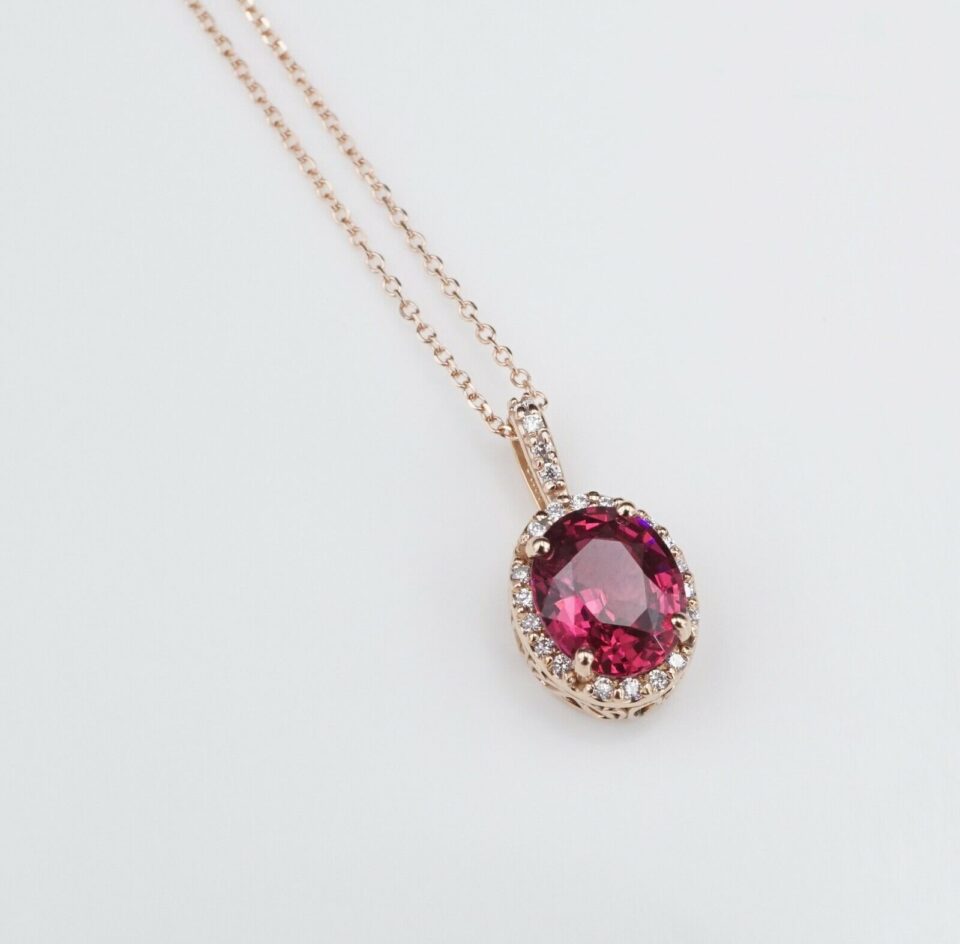 14k Rose Gold Natural Pink Sapphire Diamond Halo Pendant Necklace 16-18", view 3