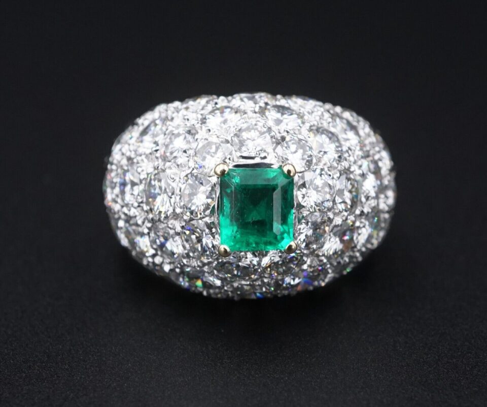 18k Pave Diamond Emerald Dome Ring White Gold 4ctw Sz 7 French Statement RG4192
