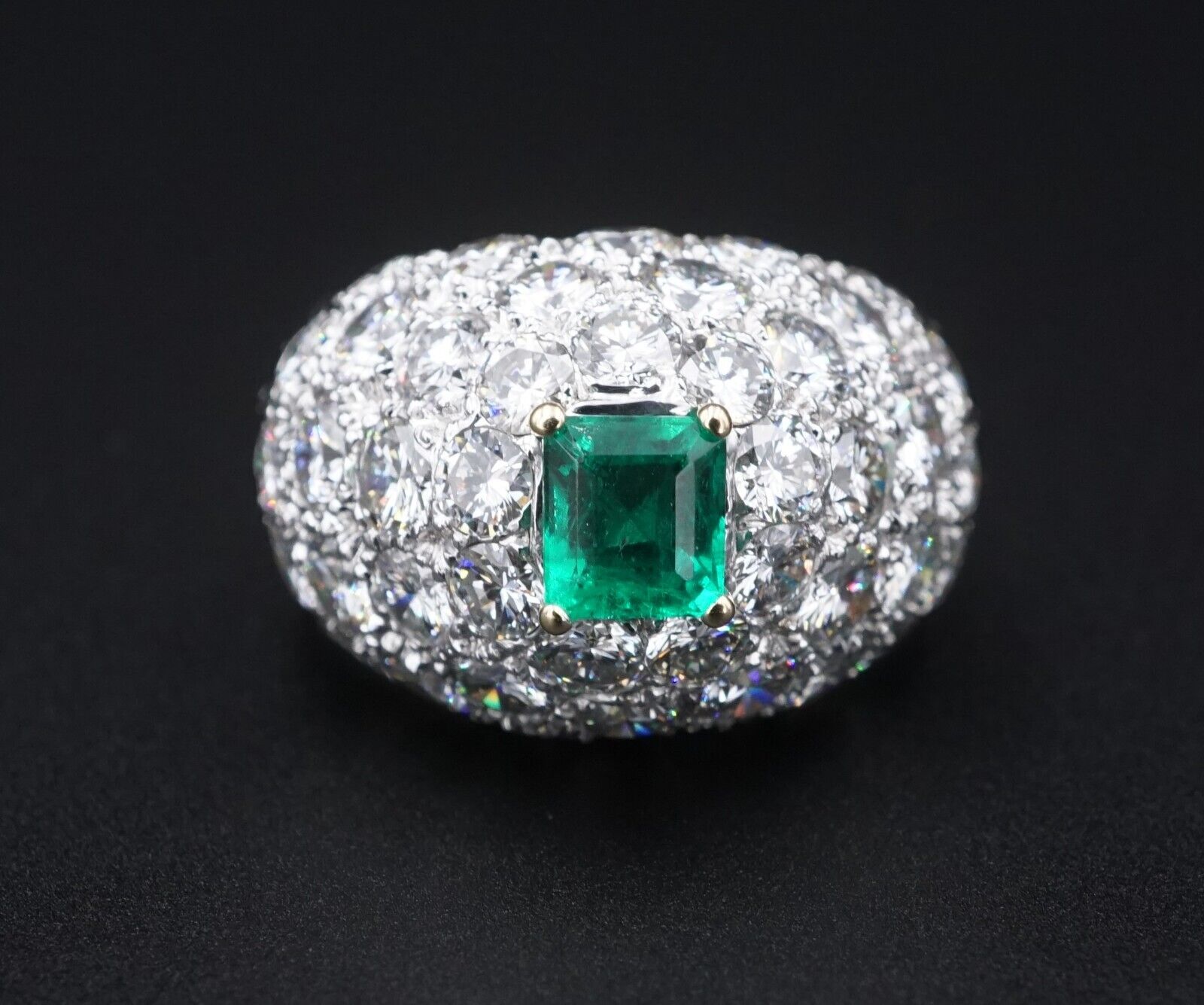 18k Pave Diamond Emerald Dome Ring White Gold 4ctw Sz 7 French Statement, view 1