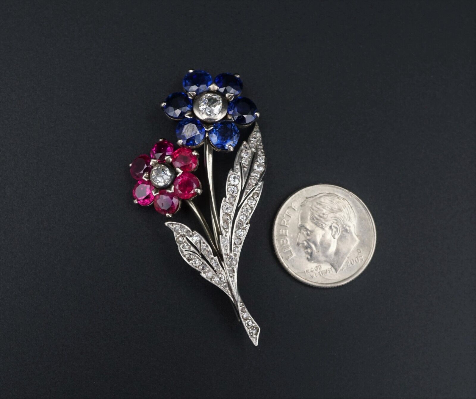 Antique Platinum Gold 5ct Sapphire Ruby Diamond Floral Pin Brooch 1.9", view 7