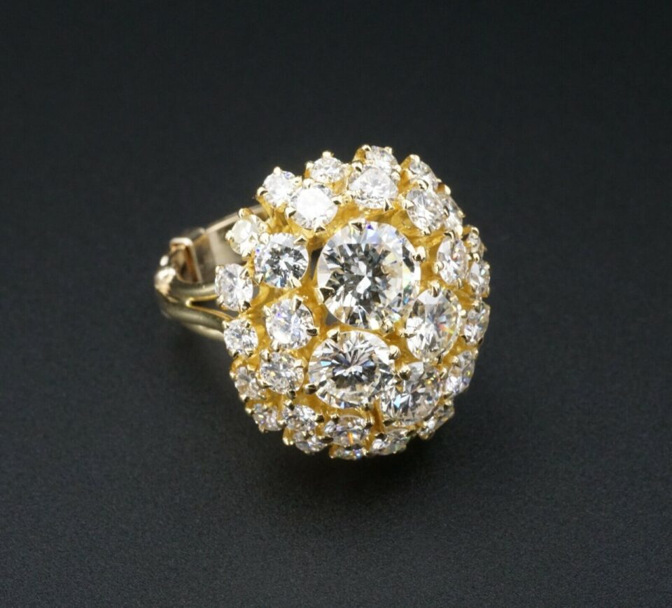 Vintage 18k Yellow Gold 4ct Pave Diamond Dome Ring Size 7.25 Adjustable, view 4