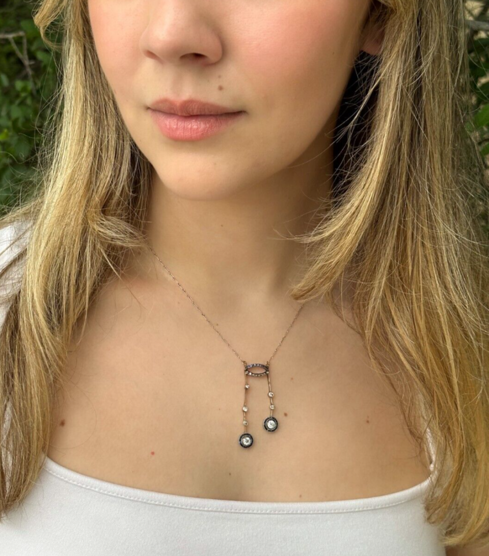 Antique Edwardian Diamond Sapphire Necklace Silver 18k Gold, view 2