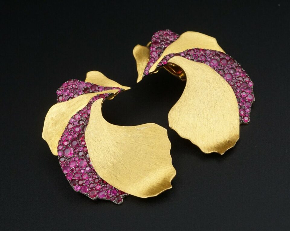 Ruby Statement Earrings Anuj Shah 18k Yellow Gold Pave Petal 1.75" 4ct, view 3