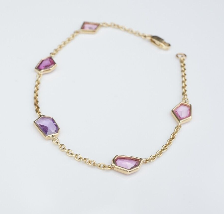 New 14k Yellow Gold Pink Purple 3 carat Sapphire 5 Station Bracelet 7", view 2