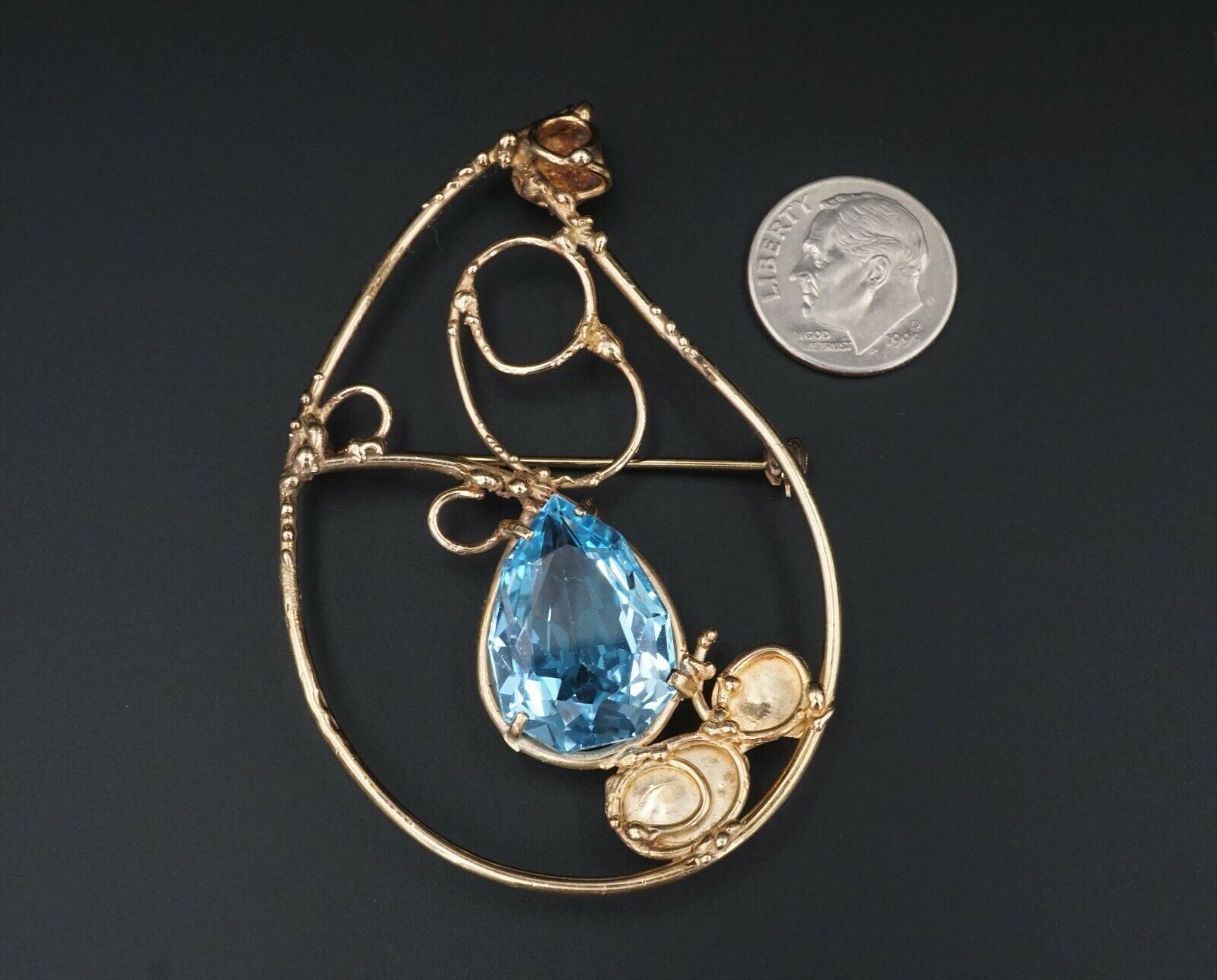 Jean Mahie Blue Topaz Pendant Brooch 9k Yellow Gold, view 5