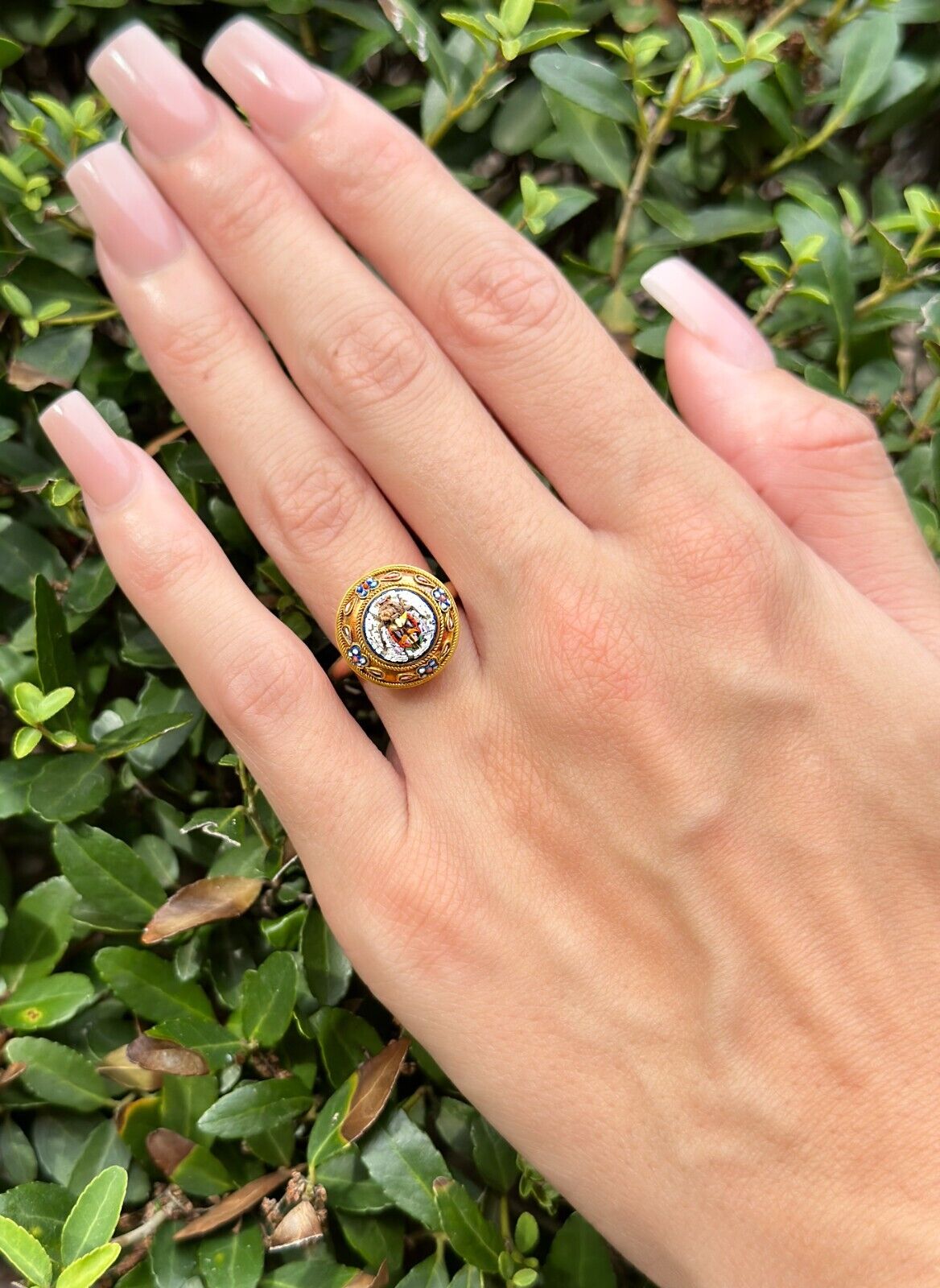 Antique Egyptian Revival Micro Mosaic Ring Scarab 14k 18k Gold Size 6.5, view 7