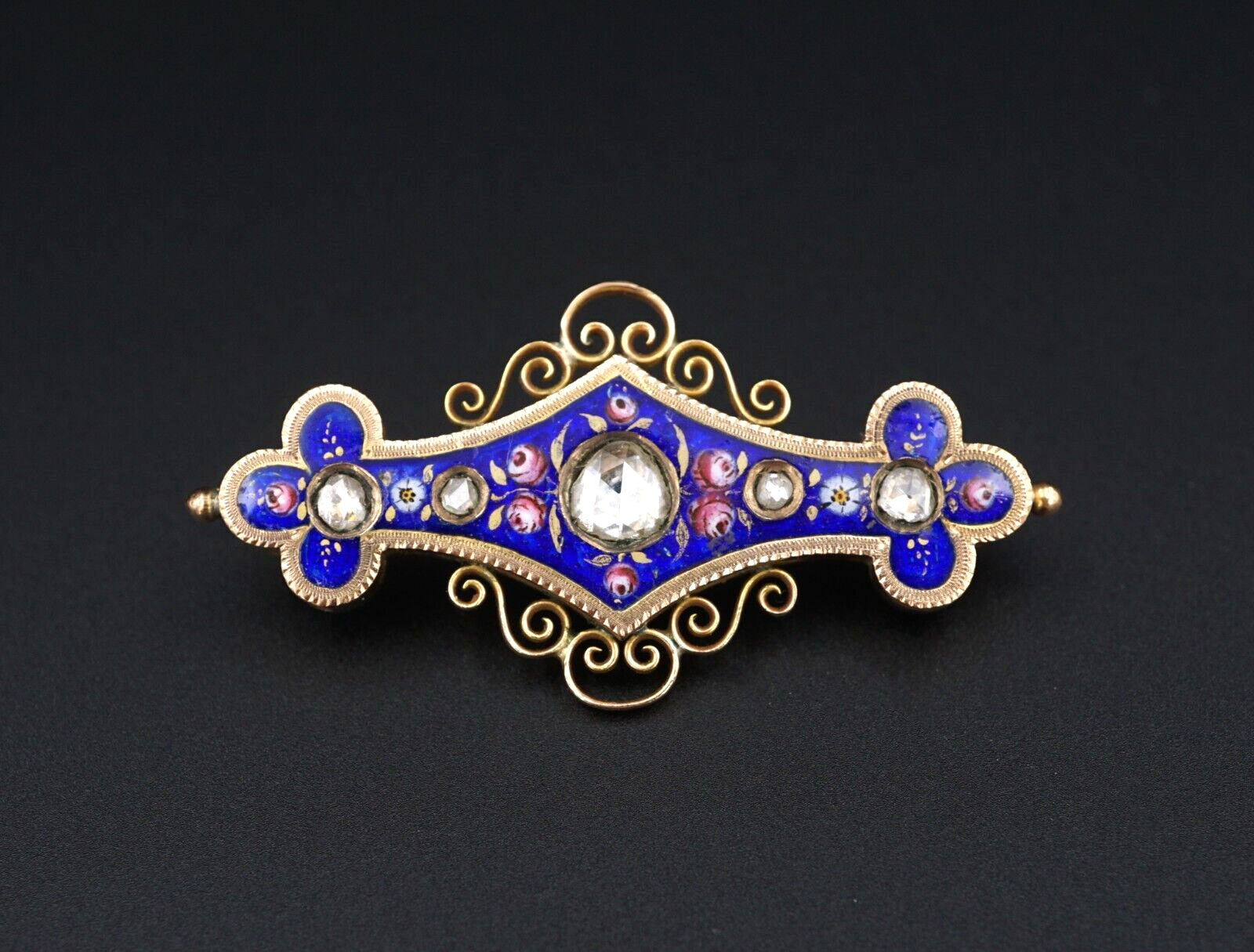 Antique 18k Yellow Gold Rose Cut Diamond Blue Enamel Pin Brooch 1.8", view 1