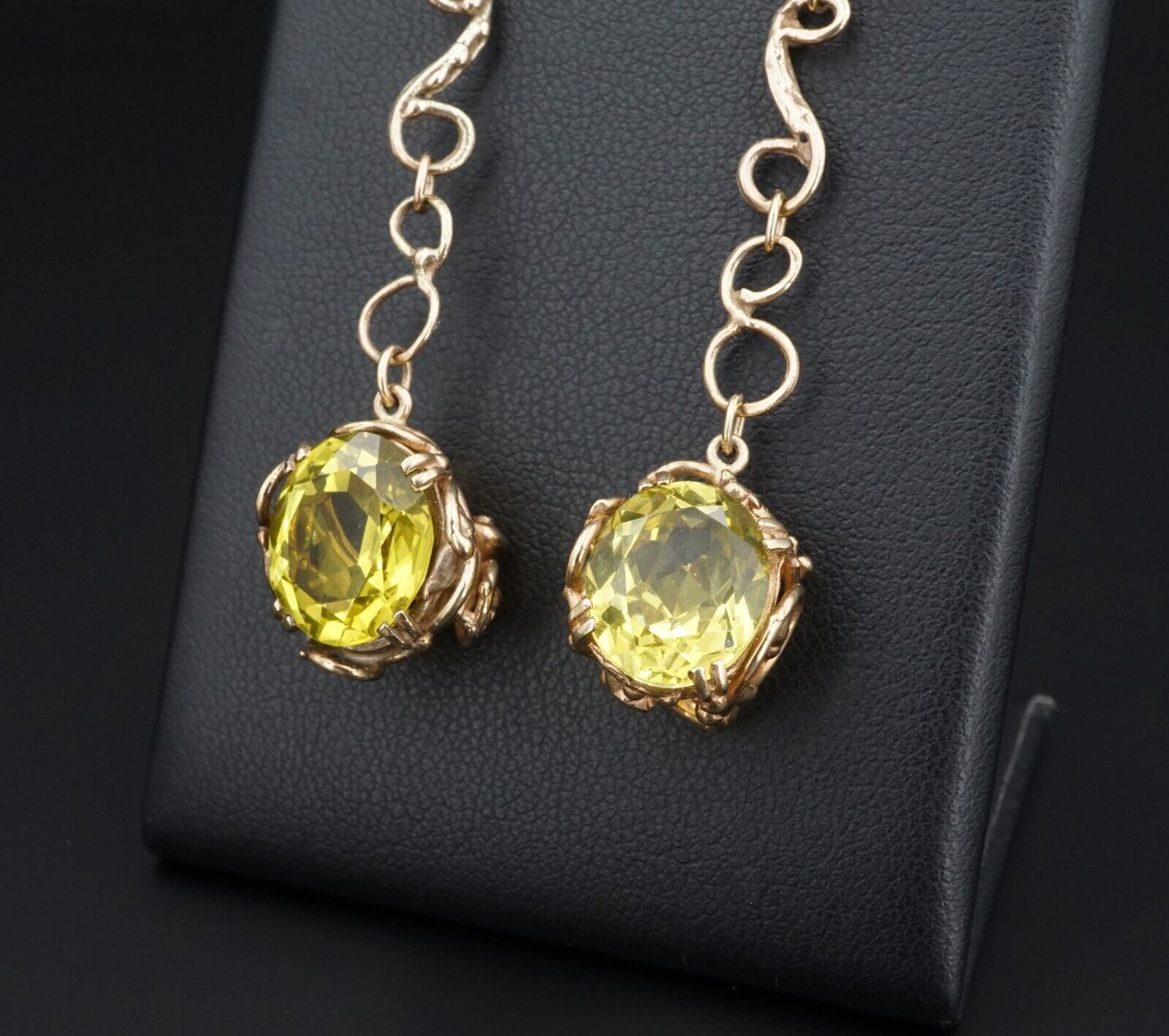 Prototype Jean Mahie 9k Yellow Gold Green Spinel Drop Hook Earrings 2.5", view 1