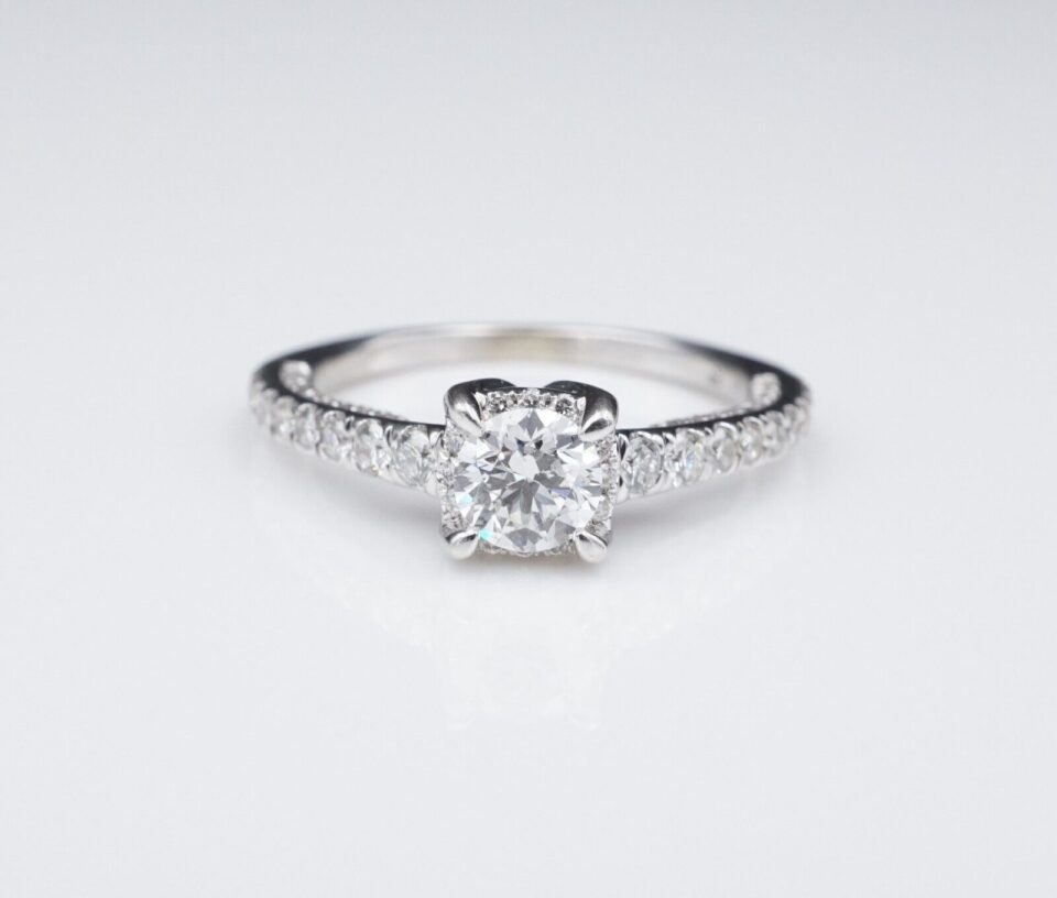 Zales 14k White Gold 1 ctw RBC Diamond Halo Engagement Ring, view 2