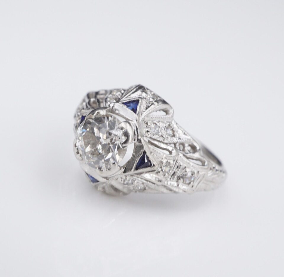 Art Deco Diamond Sapphire Engagement Ring Platinum 1 carat 1920s Size 5 RG4187